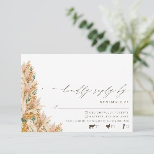 Modern Boho Pampas Grass Wedding RSVP (Stehend Vorderseite)