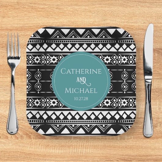 Modern Boho Pattern Green Wedding Pappteller