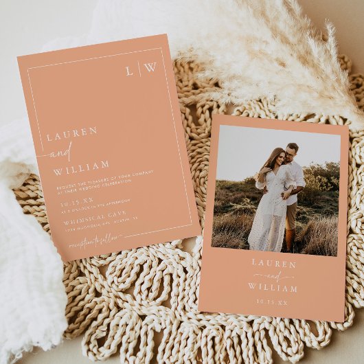 Modern Boho Peach Fuzz Foto Wedding Einladung