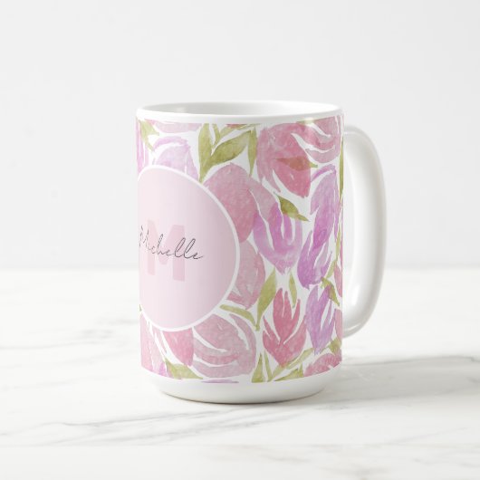 Modern Boho Pink Aquarell Blume Monogramm Kaffeetasse (VorderseiteRechts)