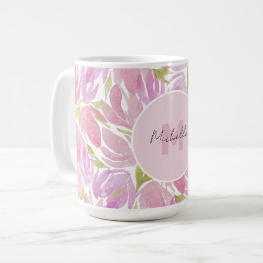 Modern Boho Pink Aquarell Blume Monogramm Kaffeetasse (Vorderseite Links)