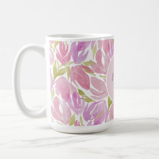 Modern Boho Pink Aquarell Blume Monogramm Kaffeetasse (Links)