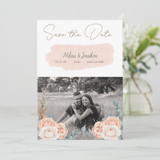 Modern Boho Pink Floral Image Save the Date (Stehend Vorderseite)