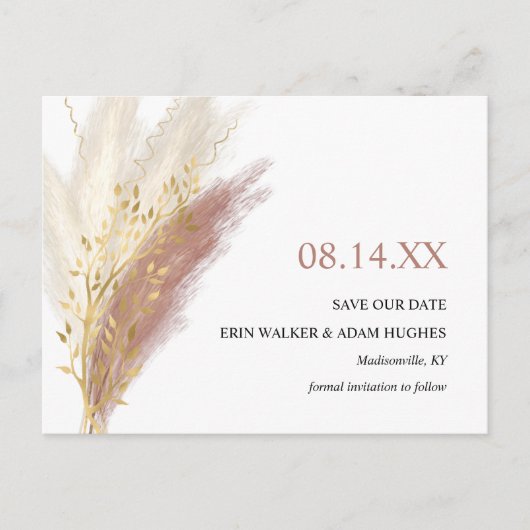 Modern Boho Pink Gold Pampas Gras Save the Date Ankündigungspostkarte (Vorderseite)