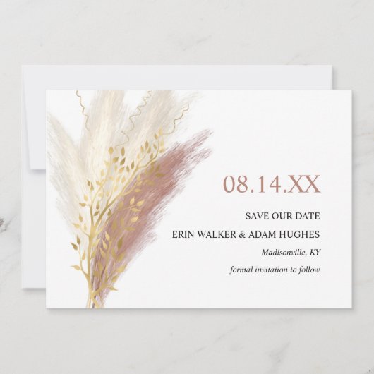 Modern Boho Pink Gold Pampas Grass Save The Date (Vorderseite)