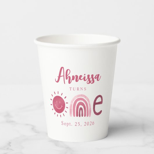 Modern Boho Pink Rainbow Sunshine Erstgeburt Pappbecher (Rückseite)