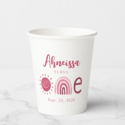 Modern Boho Pink Rainbow Sunshine Erstgeburt Pappbecher (Vorderseite)