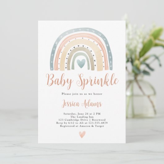 Modern Boho Rainbow Baby Sprinkle Einladung (Stehend Vorderseite)