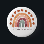 Modern Boho Rainbow & Herbst Name Button<br><div class="desc">Moderner Regenbogen- und Herzknopf im erdigen Ton. Personalisierbar!</div>