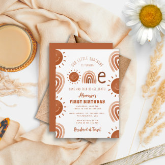 Modern Boho Rainbow Sunshine Ein erster Geburtstag Einladung