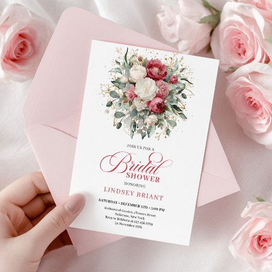 Modern Boho Red Blush Greenery Gold Bridal Shower Einladung