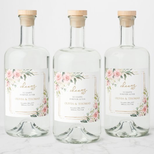 Modern Boho Rosa Blütengold Glitzer Hochzeit Alkoholflaschenetikett (Flaschen)