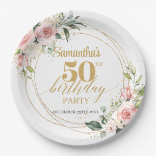 Modern Boho rot Rosa Blütengold 50. Geburtstag Pappteller