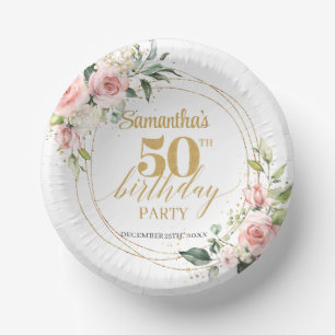 Modern Boho rot Rosa Blütengold 50. Geburtstag Pappteller