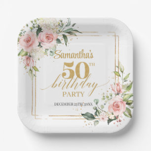 Modern Boho rot Rosa Blütengold 50. Geburtstag Pappteller