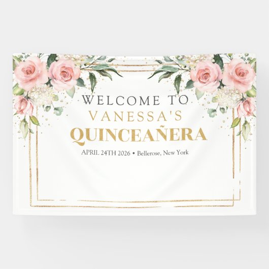 Modern Boho rot Rosa Blütengold Quinceañera Banner (Horizontal)