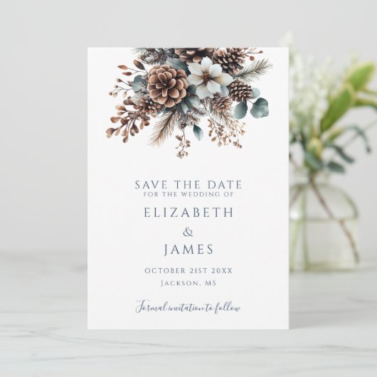 Modern Boho Rustikale Pinecones Hochzeit Save The Date (Stehend Vorderseite)