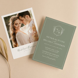 Modern Boho Sage Green Crest Wedding Photo Einladung