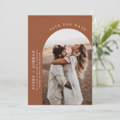 Modern Boho Save the Date | Foto Terracotta Card Einladung (Stehend Vorderseite)
