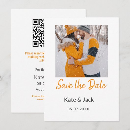 Modern boho Save the Date QR-Namensdatum orange hi (Vorne/Hinten)