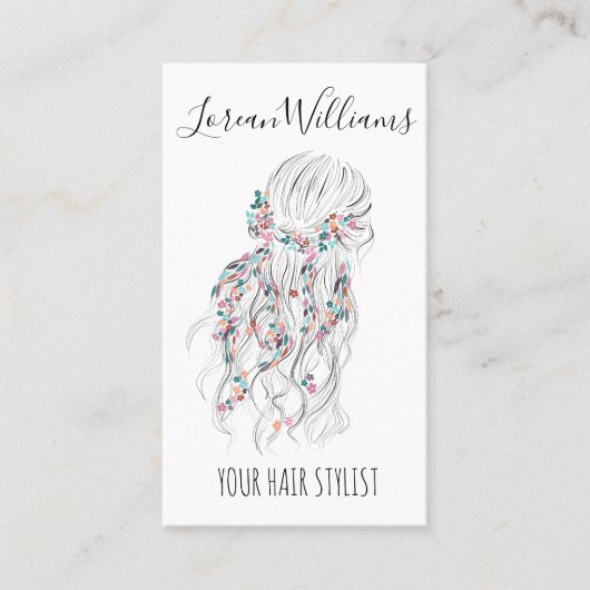 Modern Boho Schwarz-weiße Wavy Hair Style Flora Visitenkarte (Vorderseite)