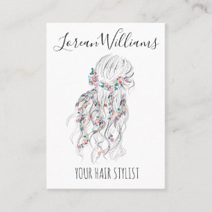 Modern Boho Schwarz-weiße Wavy Hair Style Flora Visitenkarte
