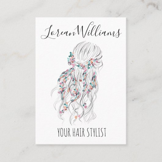 Modern Boho Schwarz-weiße Wavy Hair Style Flora Visitenkarte (Vorderseite)