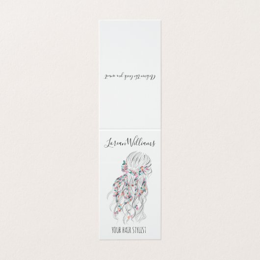 Modern Boho Schwarz-weiße Wavy Hair Style Flora Visitenkarten (Außenseite Aufgefaltet)