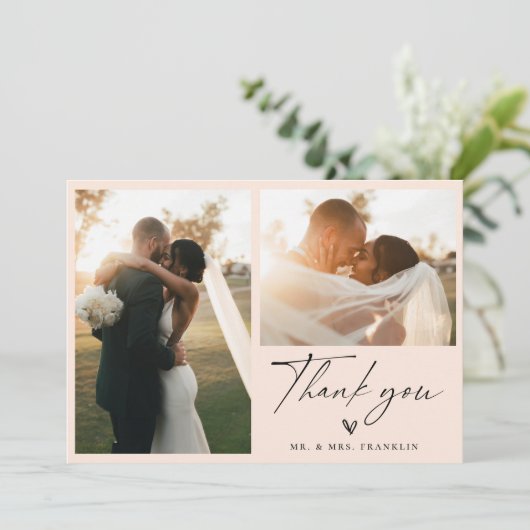 Modern Boho Script Wedding Foto Danke Karte (Stehend Vorderseite)