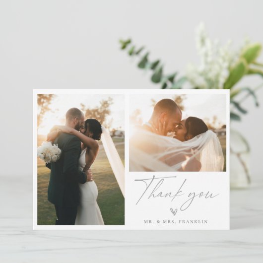 Modern Boho Script Wedding Foto Danke Karte (Stehend Vorderseite)
