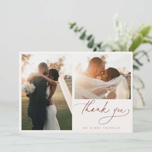 Modern Boho Script Wedding Foto Danke Karte (Stehend Vorderseite)