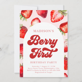 Modern Boho Strawberry Berry Erster Geburtstag Einladung