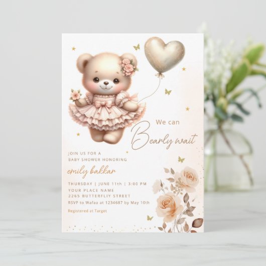 Modern Boho Teddy Bear Balloon Girl Baby Shower Einladung (Stehend Vorderseite)