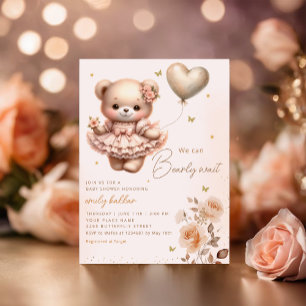 Modern Boho Teddy Bear Balloon Girl Baby Shower Einladung