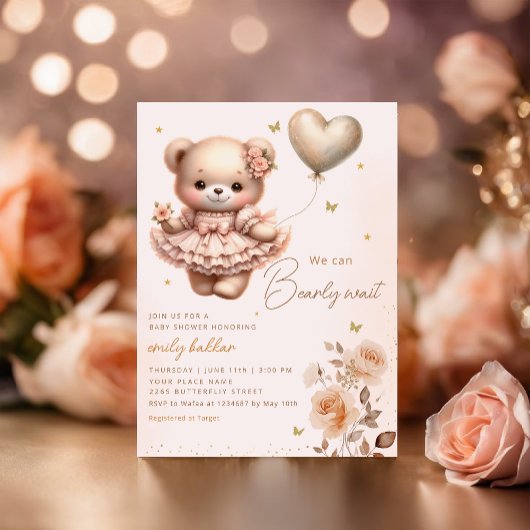 Modern Boho Teddy Bear Balloon Girl Baby Shower Einladung