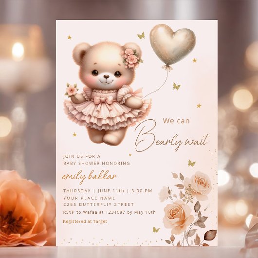 Modern Boho Teddy Bear Balloon Girl Baby Shower Einladung