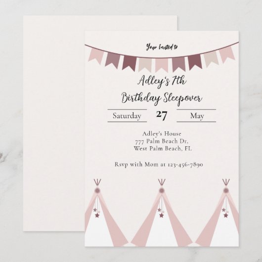 Modern Boho Teepee Sleepover Einladung zum Geburts (Vorne/Hinten)