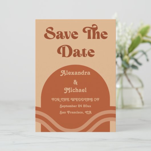 Modern Boho Terracotta Arch Wedding Save The Date (Stehend Vorderseite)
