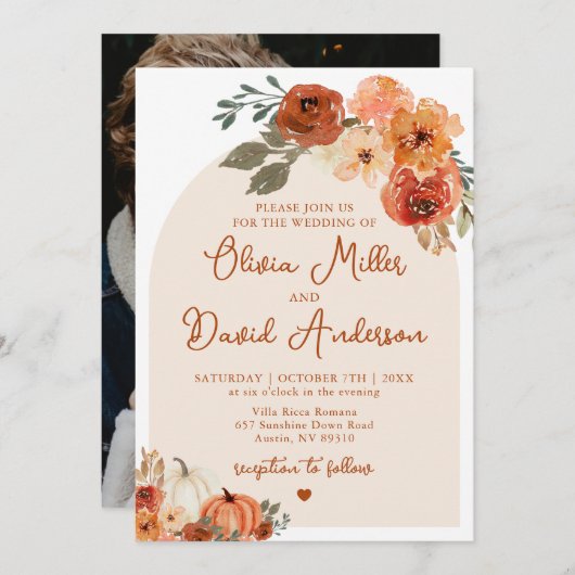 Modern Boho Terracotta Fall Pumpkin Herbsthochzeit Einladung (Vorne/Hinten)