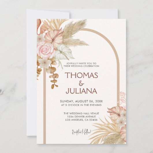 Modern Boho Terracotta Pampas Grass Wedding Einladung (Vorderseite)