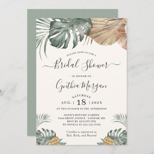 Modern Boho Tropical Monstera Leaf Brautparty Einladung (Vorne/Hinten)