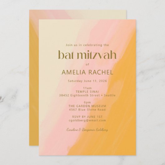 Modern Boho Wasserfarbe Rosa Gelbe Bat Mitzvah Einladung (Vorne/Hinten)