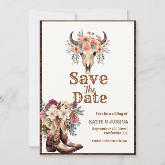 Modern Boho Western Cowboy Wedding Save the date Einladung (Vorderseite)