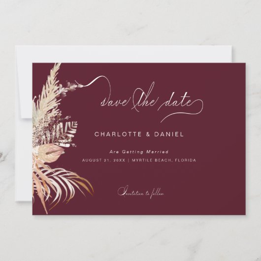 Modern Boho Whimsical Calligraphy Script Burgundy Save The Date (Vorderseite)