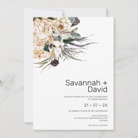 Modern Boho White Protea Pampas Grass Wedding Einladung (Vorderseite)