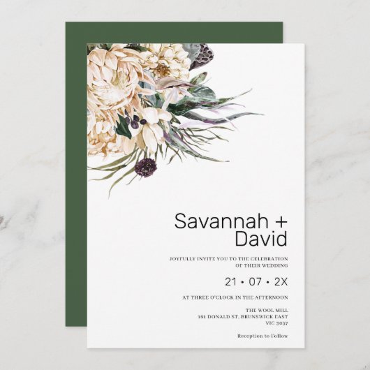 Modern Boho White Protea Pampas Grass Wedding Einladung (Vorne/Hinten)