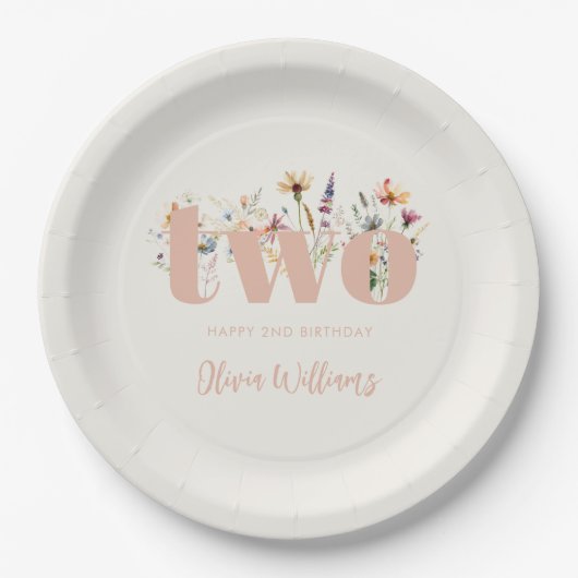 Modern Boho Wildblume 2. Geburtstag Pappteller (Vorderseite)