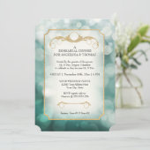 Modern Bokeh Sparkle Aqua Twinkle Probe Abendessen Einladung (Stehend Vorderseite)