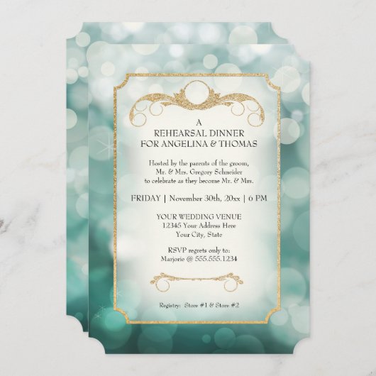 Modern Bokeh Sparkle Aqua Twinkle Probe Abendessen Einladung (Vorne/Hinten)