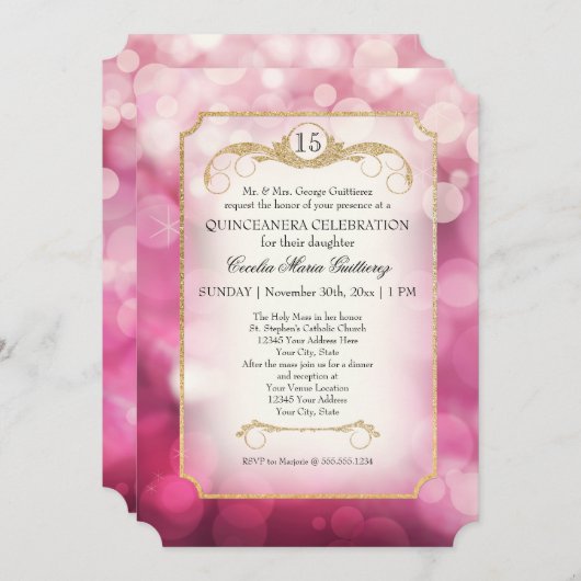 Modern Bokeh Sparkle Pink Twinkle Quinceanera Einladung (Vorne/Hinten)